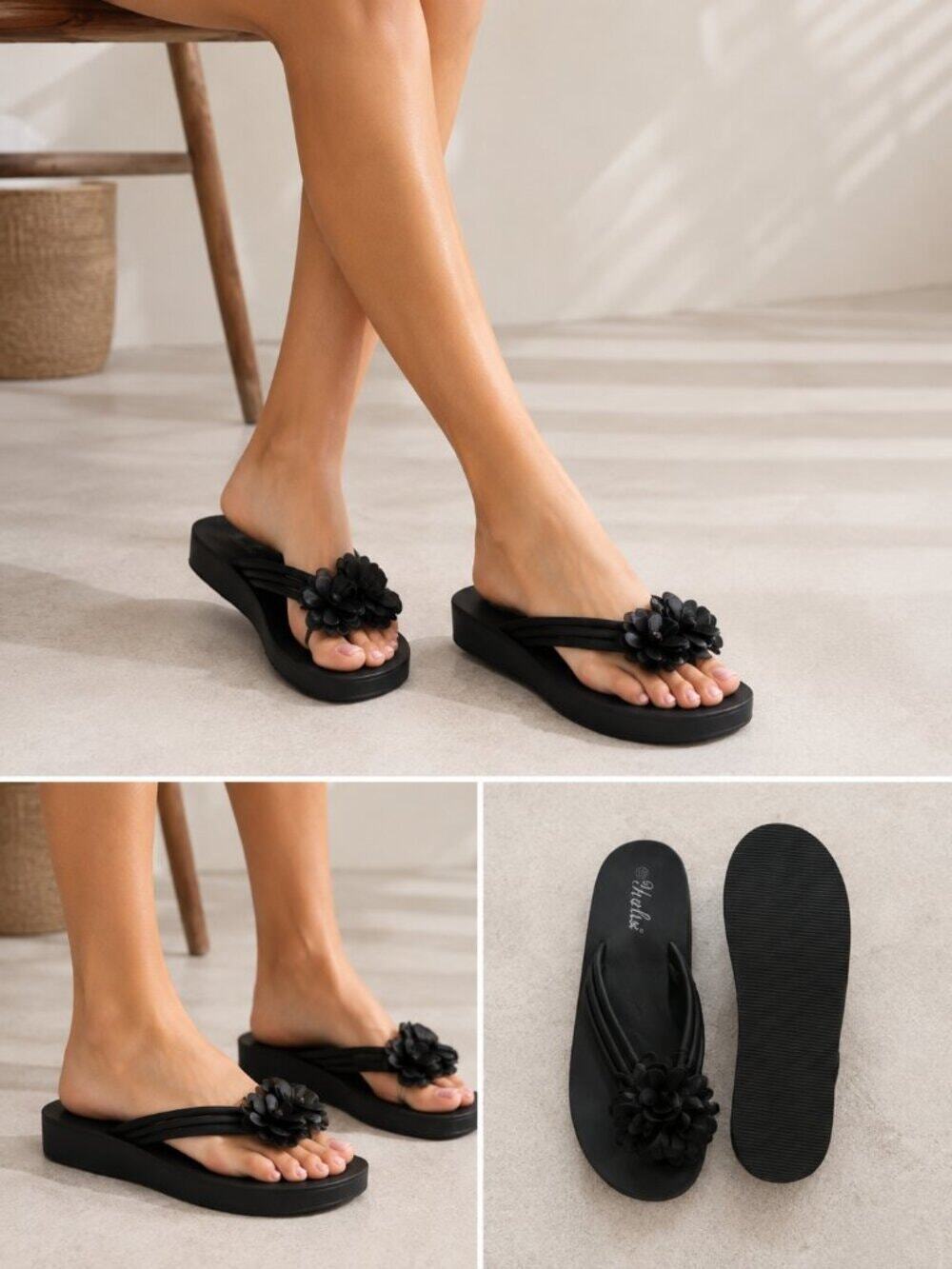 New Black Floral Flip Flop Sandals Size 42 (US 10–10.5) Casual Summer Slides